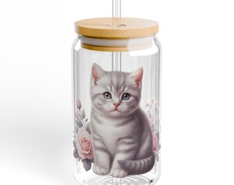 Mignon chaton à siroter en verre 16 oz gobelet chat et fleurs art tasse à café floral animal bocal en verre avec couvercle et paille cadeau mignon verres
