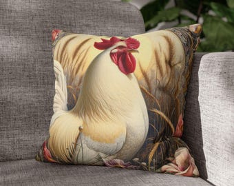 White Rooster Pillowcase William Morris Inspired Chicken Throw Pillow Cover Vintage Floral Cottagecore Home Decor Gift INSERT NOT INCLUDED