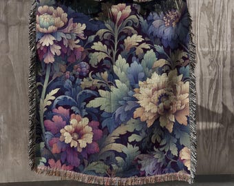 Floral Woven Blanket - 100% Cotton Throw Rug, Morris Inspired Vintage Botanical Home Decor, Fantasy Flowers Wall Tapestry