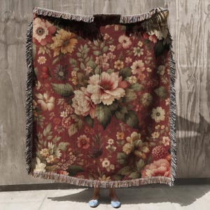 Vintage Flowers Woven Blanket 100% Cotton Floral Tapestry Decor Vintage Botanical Art Woven Throw Flower Pattern Cottagecore Blanket Gift