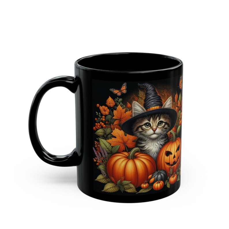 Cute Halloween Mug Kitten and Pumpkin Black Coffee Mug Halloween Cat Mug Gift For Her Him Fall Cottagecore Teacup Witchy Cat Ceramic Mug image 4