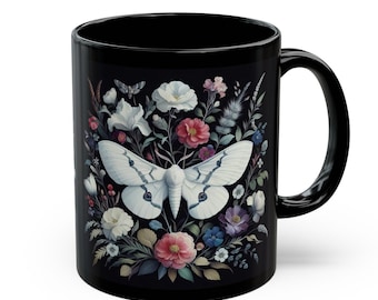 Taza de polilla blanca William Morris inspirado noche mariposa taza de té Cottagecore taza de café negro amante de la naturaleza regalo para su taza de cerámica floral