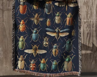 Colorful Bugs Woven Blanket 100% Cotton Rug Vintage Insects Home Decor Beetle Woven Throw Bug Wall Tapestry Beetles Lover Gift Blanket