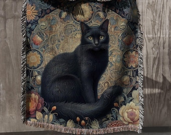 Black Cat Woven Blanket 100% Cotton William Morris Inspired Cottagecore Home Decor Floral Cat Wall Tapestry Cat Throw Blanket Cat Lover Gift