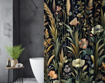 Dark Botanical Shower Curtain Wildflowers Bathroom Curtain Dark Cottagecore Art Black Floral Curtain Dark Academia Vintage Housewarming Gift