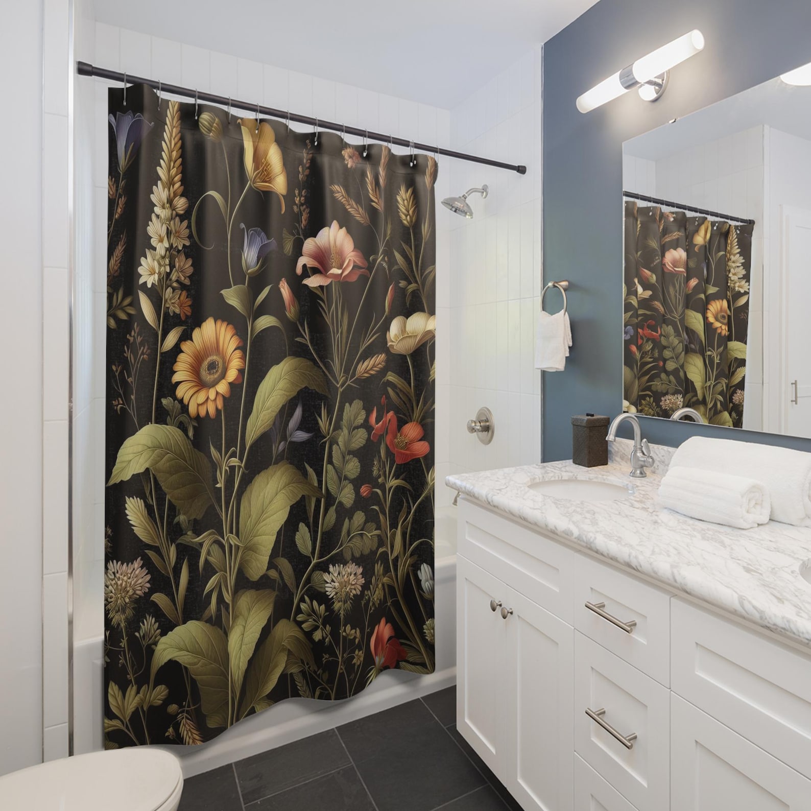 Dark Botanical Shower Curtain Moody Wildflowers Bathroom Dark