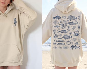 Vintage Sea Life Hoodie - Fish & Marine Animals Hooded Sweatshirt, Fisherman Aesthetic Front and Back Print Sweater, Ocean Lover Unisex Top