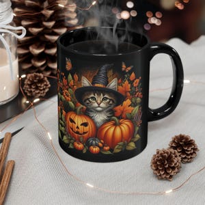 Cute Halloween Mug Kitten and Pumpkin Black Coffee Mug Halloween Cat Mug Gift For Her Him Fall Cottagecore Teacup Witchy Cat Ceramic Mug image 8