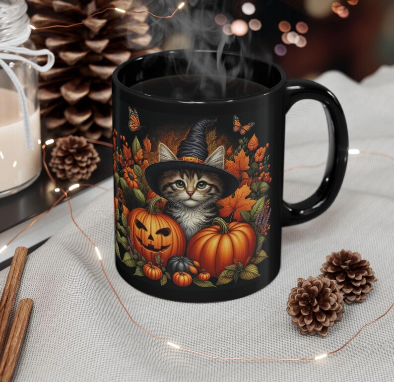 Cute Halloween Mug Kitten and Pumpkin Black Coffee Mug Halloween Cat Mug Gift For Her Him Fall Cottagecore Teacup Witchy Cat Ceramic Mug image 8