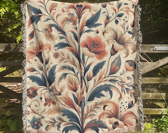 Floral Woven Blanket William Morris Inspired 100% Cotton Rug Vintage Botanical Art Woven Throw Cottagecore Wall Tapestry Floral Art Gift