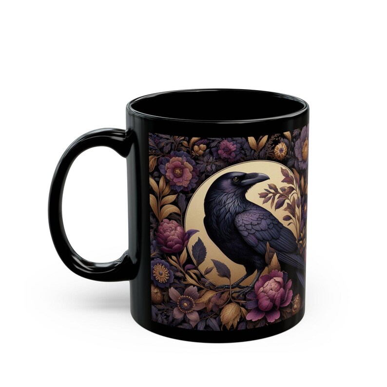 Floral Raven Black Coffee Mug - William Morris Inspired Goth Crow Art Mug, Dark Academia Bird Kitchen Decor image 2