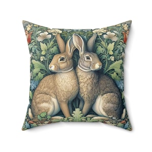 Cojín de dos conejos inspirado en William Morris, cojín de conejo de Pascua, cojín decorativo retro floral estilo cottagecore, regalo para decoración del hogar, INSERTO INCLUIDO