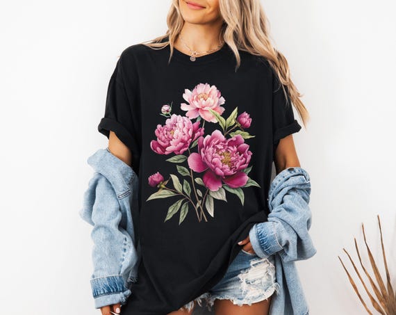 Camiseta vintage de peonías, camiseta de arte botánico, camiseta