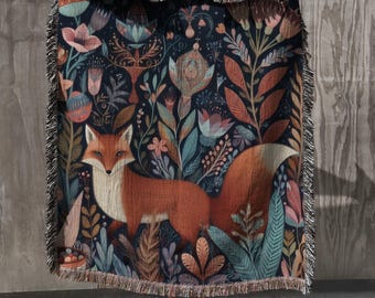 Cute Fox Woven Blanket 100% Cotton Rug Scandinavian Home Decor Cottagecore Fox Woven Throw Folk Art Fox Wall Tapestry Fox Lover Gift