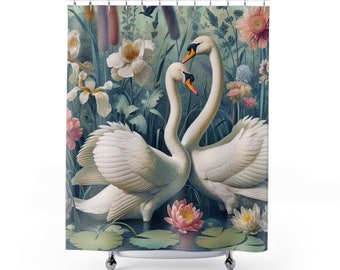 Rideau de douche cygnes blancs inspiré du cygne et des nénuphars William Morris, décoration florale de salle de bain, art oiseau d'eau, cadeau de pendaison de crémaillère