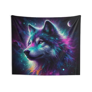 Neon Wolf Indoor Wall Tapestry Colorful Wolf Artwork Spiritual Animal Wall Art Fantasy Moon Wolf Tapestry Magical Wolf Art Lover Gift