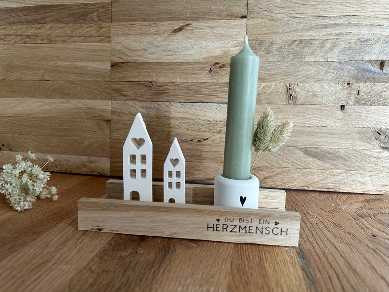 Geschenkset Häuser Kerzenhalter Kerzenständer Herzmensch Kerze Haus mit Herz Klötzchen Mitbringsel Geburtstag Kleinigkeit Bild 2