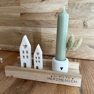 Geschenkset Häuser Kerzenhalter Kerzenständer Herzmensch Kerze Haus mit Herz Klötzchen Mitbringsel Geburtstag Kleinigkeit Bild 3