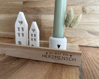 Geschenkset Häuser Kerzenhalter Kerzenständer | Herzmensch | Kerze | Haus mit Herz | Klötzchen | Mitbringsel Geburtstag Kleinigkeit