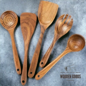 Cucharas de madera para cocinar, juego de utensilios de cocina de madera  hechos a mano, utensilios de cocina de madera, cucharas y espátulas de  cocina