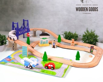 Pista de tren Parque de juguete de madera Montessori juguete tren de madera conjunto de ferrocarril de madera conjunto de juguete para niños pequeños regalo de baby shower para niños juguete miniture