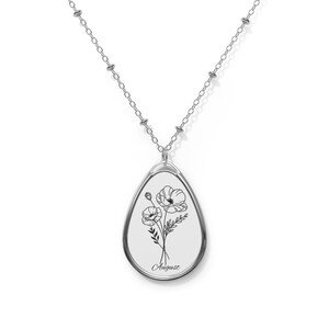 Collar ovalado de amapola con flor de nacimiento de agosto, regalo de cumpleaños de plata esterlina para novia