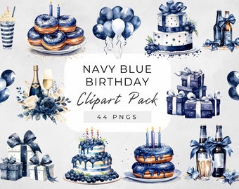 Watercolor Blue Birthday Clipart, Male Birthday Clipart,Happy Birthday Clipart,Birthday Cupcake Candle png,Birthday Cake Present Champagne