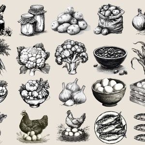 May include: A black and white illustration of various food items, including vegetables, fruits, eggs, fish, and honey. The illustration is drawn in a vintage style.
