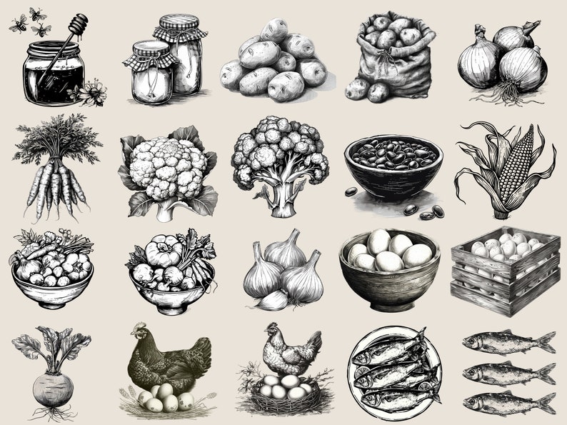May include: A black and white illustration of various food items, including vegetables, fruits, eggs, fish, and honey. The illustration is drawn in a vintage style.