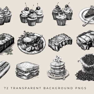 May include: A collection of black and white illustrations of various food items, including cupcakes, a loaf of bread, a roast, ribs, a hot dog, a sandwich, pancakes, and a bag of coffee beans.