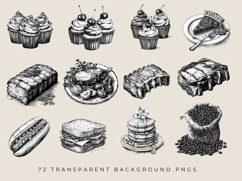 May include: A collection of black and white illustrations of various food items, including cupcakes, a loaf of bread, a roast, ribs, a hot dog, a sandwich, pancakes, and a bag of coffee beans.