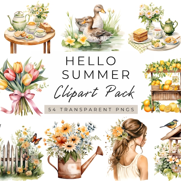 Summer Clipart Watercolor,Hello Summer Clipart,Summer png,Cottagecore Summer Clipart, Summer Garden Clipart,Summer Vibes Clipart, Artwork