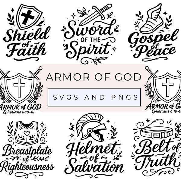Armadura de Deus SVG PNG, Vista a Armadura Completa de Deus Efésios 6:10-18, Arquivo de Corte de Versículos Bíblicos para Cricut, Pacote de PNG SVG Cristão, Escudo DXF