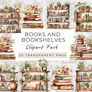 Bookshelves Clipart, Book Shelf Clipart, Books Stacked PNG, Vintage Books Clipart, Boho Books, Watercolor Books, Cottagecore Books, Reading