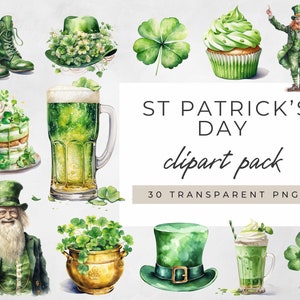 Clipart de la Saint-Patrick, trèfle à quatre feuilles Png, téléchargement numérique de la Saint-Patrick, trèfle Clipart PNG, clipart lutin, Pot d'or PNG