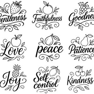 May include: Black and white illustrations of various fruits and words. The words include Gentleness, Faithfulness, Goodness, Love, Peace, Patience, Joy, Self-control, and Kindness. Each word is in a decorative script font.