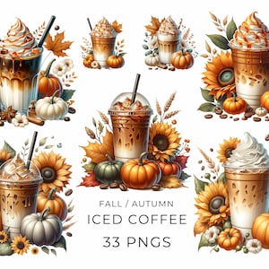 Clipart de cafés helados de otoño de otoño, png de café de otoño, png de bebidas de otoño, imágenes prediseñadas de bebidas de otoño, imágenes prediseñadas de calabazas y girasoles png, cosecha de otoño