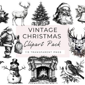 Vintage Weihnachtscliparts, Schwarzweiß-Weihnachtscliparts, Weihnachtsillustrationen Clipart, Altmodische Weihnachten, Antike Weihnachten