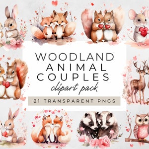 Valentines Woodland Animal Clipart, Watercolor Animals Valentines Day Animals, Watercolor Valentine&#39;s Day Clipart PNG, Digital Download