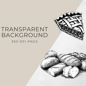May include: Black and white illustration of a pie slice and a pile of bread rolls. The image has a transparent background.