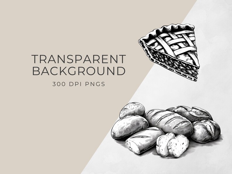 May include: Black and white illustration of a pie slice and a pile of bread rolls. The image has a transparent background.