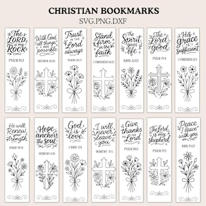 May include: A collection of white Christian bookmarks with black text and floral or cross designs. Each bookmark features a different inspirational quote from the Bible. The text "CHRISTIAN BOOKMARKS" is at the top.