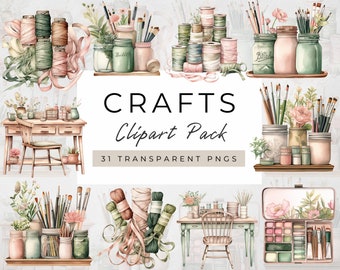 Craft Clipart,Crafting Clipart PNG Graphics,Craft Supplies Clipart PNG,Crafter Clipart,Craft Business Clipart, Painting Ribbons Pencils Jars
