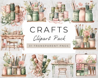 Craft Clipart,Crafting Clipart PNG Graphics,Craft Supplies Clipart PNG,Crafter Clipart,Craft Business Clipart, Painting Ribbons Pencils Jars