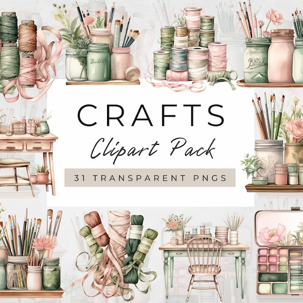 Craft Clipart,Crafting Clipart PNG Graphics,Craft Supplies Clipart PNG,Crafter Clipart,Craft Business Clipart, Painting Ribbons Pencils Jars