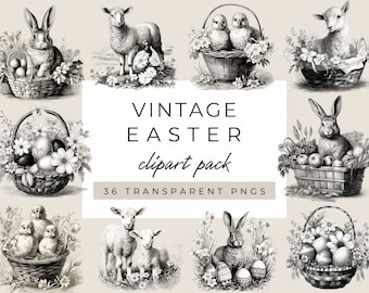 Vintage Easter Clipart, Easter Illustrations Clipart,Black And White Easter Clipart PNGs,Old Fashioned Easter,Vintage Easter Bunny,Antique