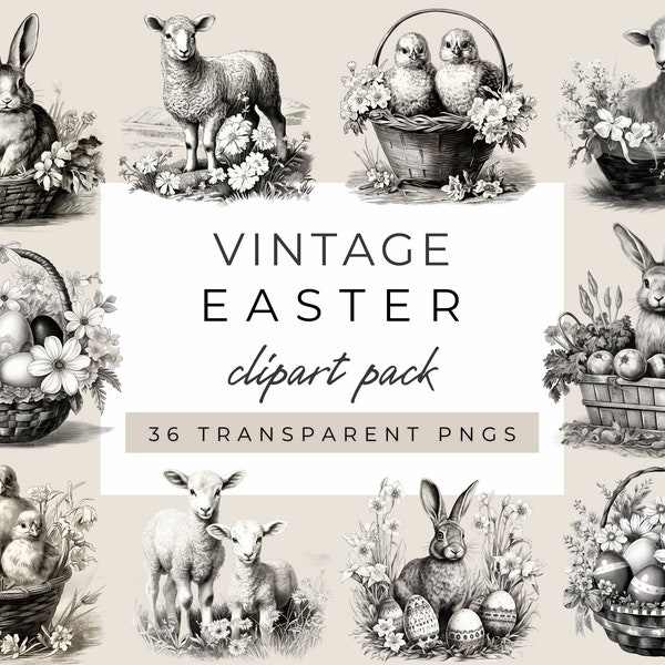 Vintage Easter Clipart, Easter Illustrations Clipart,Black And White Easter Clipart PNGs,Old Fashioned Easter,Vintage Easter Bunny,Antique