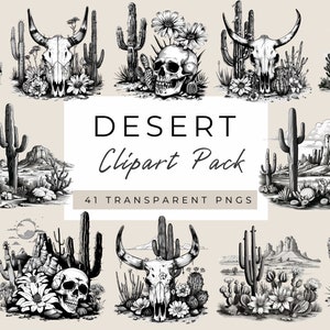 Désert des cliparts PNG, Illustration de paysage désertique, scène du désert noir et blanc, crânes de vache PNG, dessins de cactus, clipart désert occidental, cactus