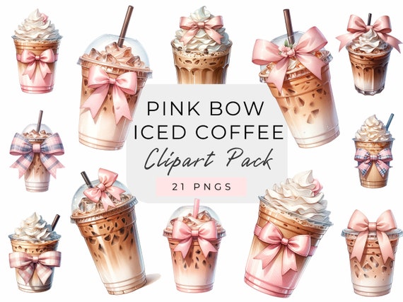 Iced Coffee Clipart,Coquette Pink Bow Clipart,Coquette Iced Coffee Clipart png, Coquette Aesthetic Clipart png,Pink Bow Coffee,Coffee Lover