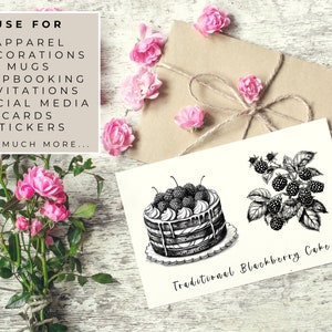 May include: Black and white illustration of a traditional blackberry cake with a sprig of blackberries. The text "Traditional Blackberry Cake" is below the image.